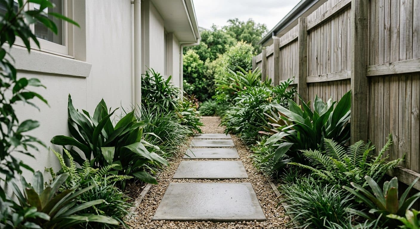 A narrow Brisbane side passage with a stepping-stone path between a rendered wall and a timber fence, planted with cast iron plant and ferns in soft light