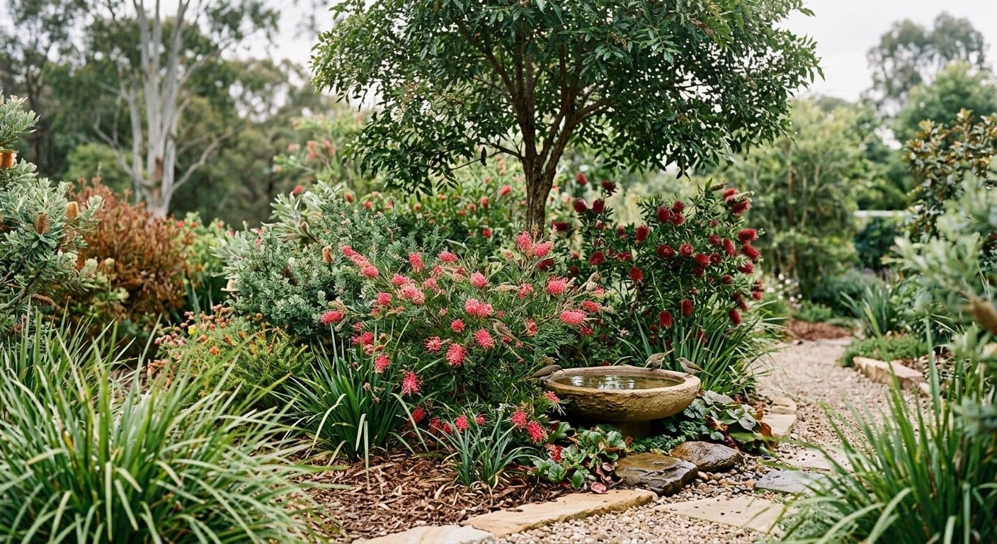 A layered Brisbane native garden with flowering shrubs and a low birdbath under dappled canopy, designed to attract a range of birds