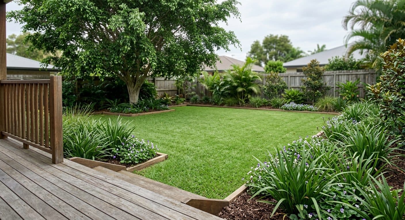 A family-friendly Brisbane backyard with a tough open lawn for play, a shade tree over one corner and soft rounded garden beds set back from the play area