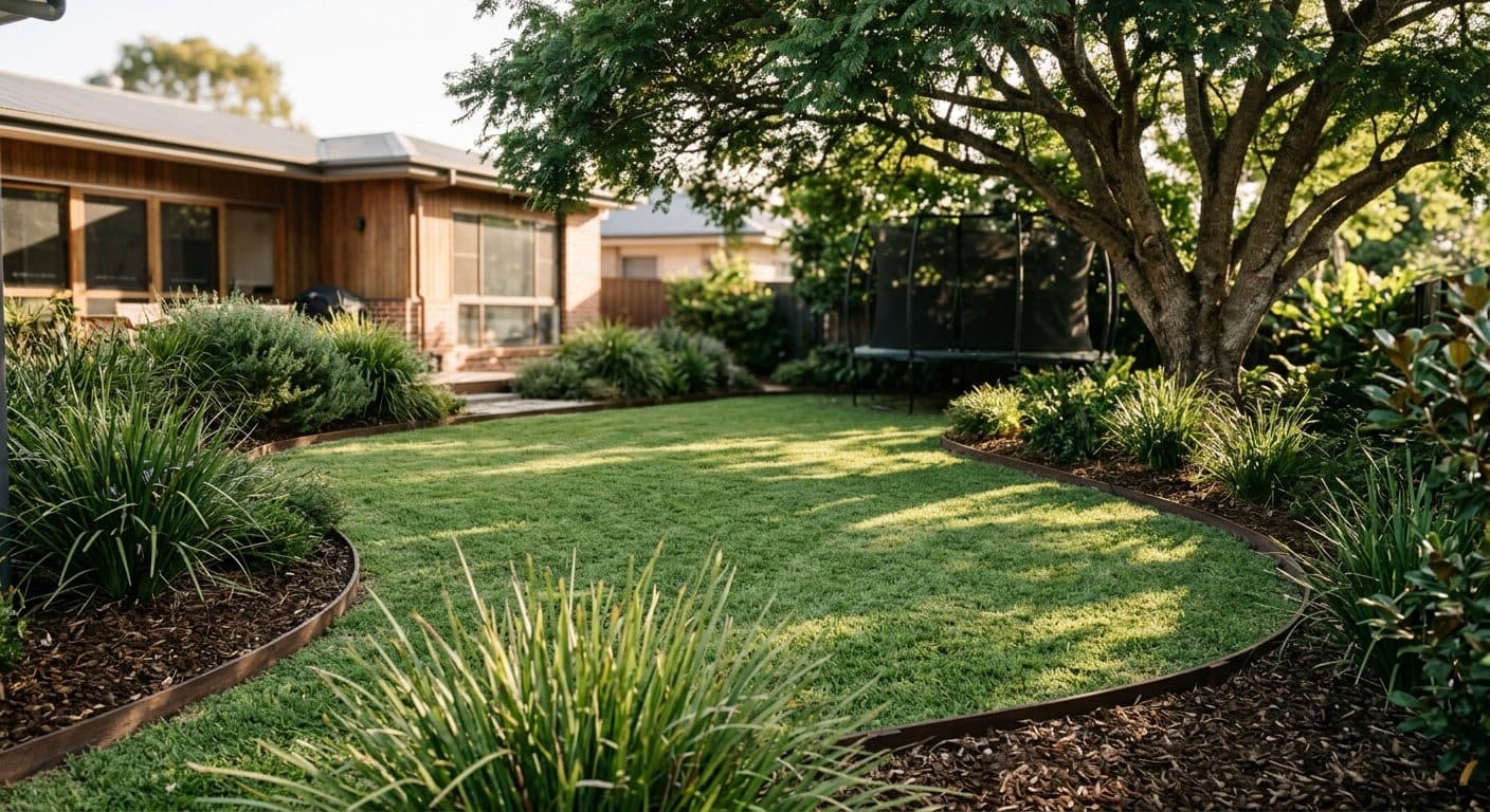 A family-friendly Brisbane backyard with a tough open lawn, shade tree over a play zone, and soft rounded garden beds