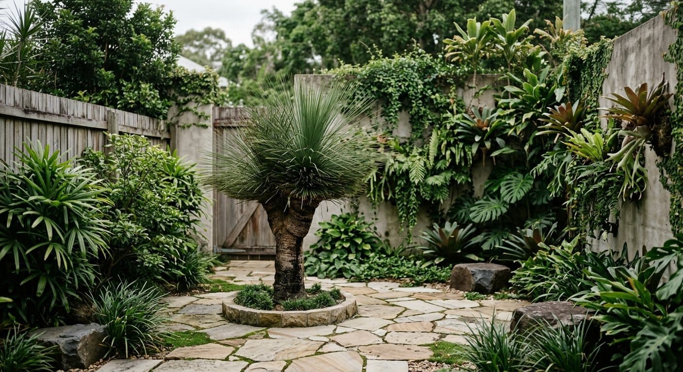A lush enclosed Brisbane courtyard with layered green planting up the walls and one bold feature plant in a paved space