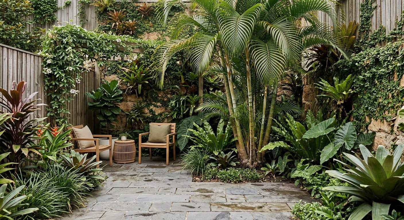 A lush, enclosed Brisbane courtyard garden with layered subtropical planting against a wall and one bold feature plant
