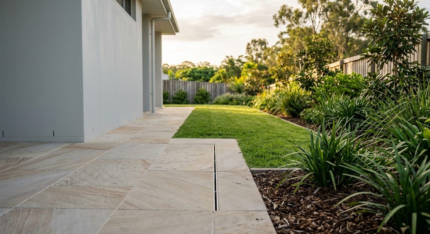 Finished stone paving laid with a fall to a slim linear channel drain carrying water away from a new Brisbane house