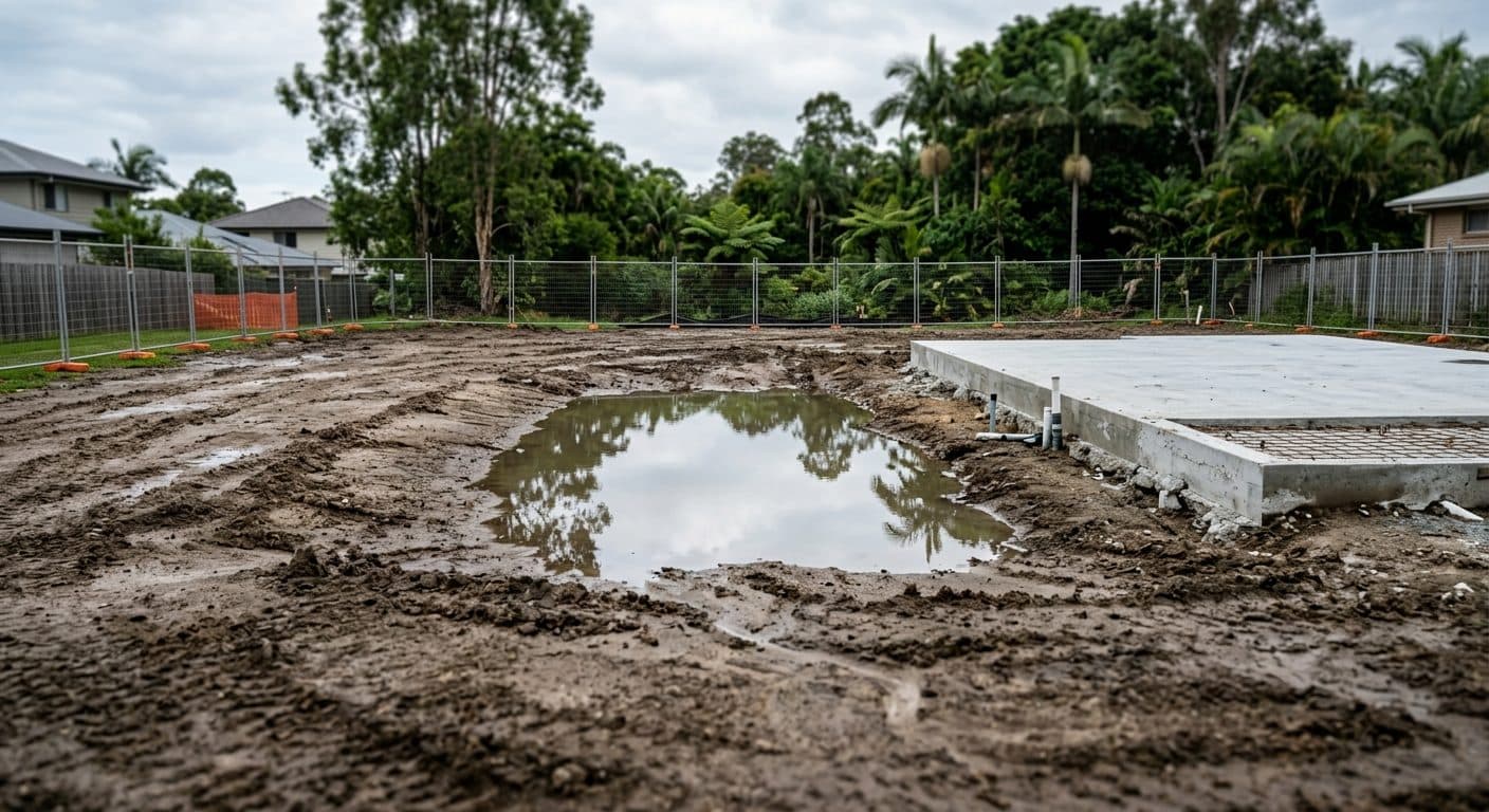 Rainwater pooled in a low spot on a bare, freshly graded new-build block in Brisbane after rain