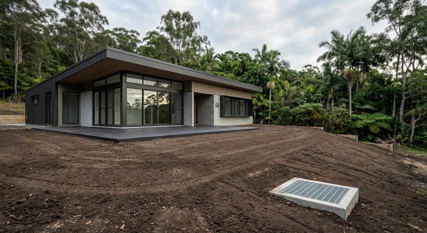 A freshly built Brisbane house on a newly graded block with bare levelled soil, a stormwater pit and a gentle fall running away from the slab, no people