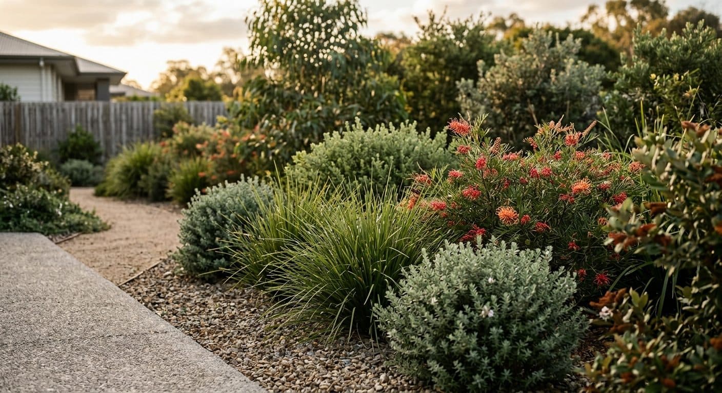 Lomandra, westringia and grevillea massed on a hot, west-facing aspect in a low-water Brisbane garden, no people