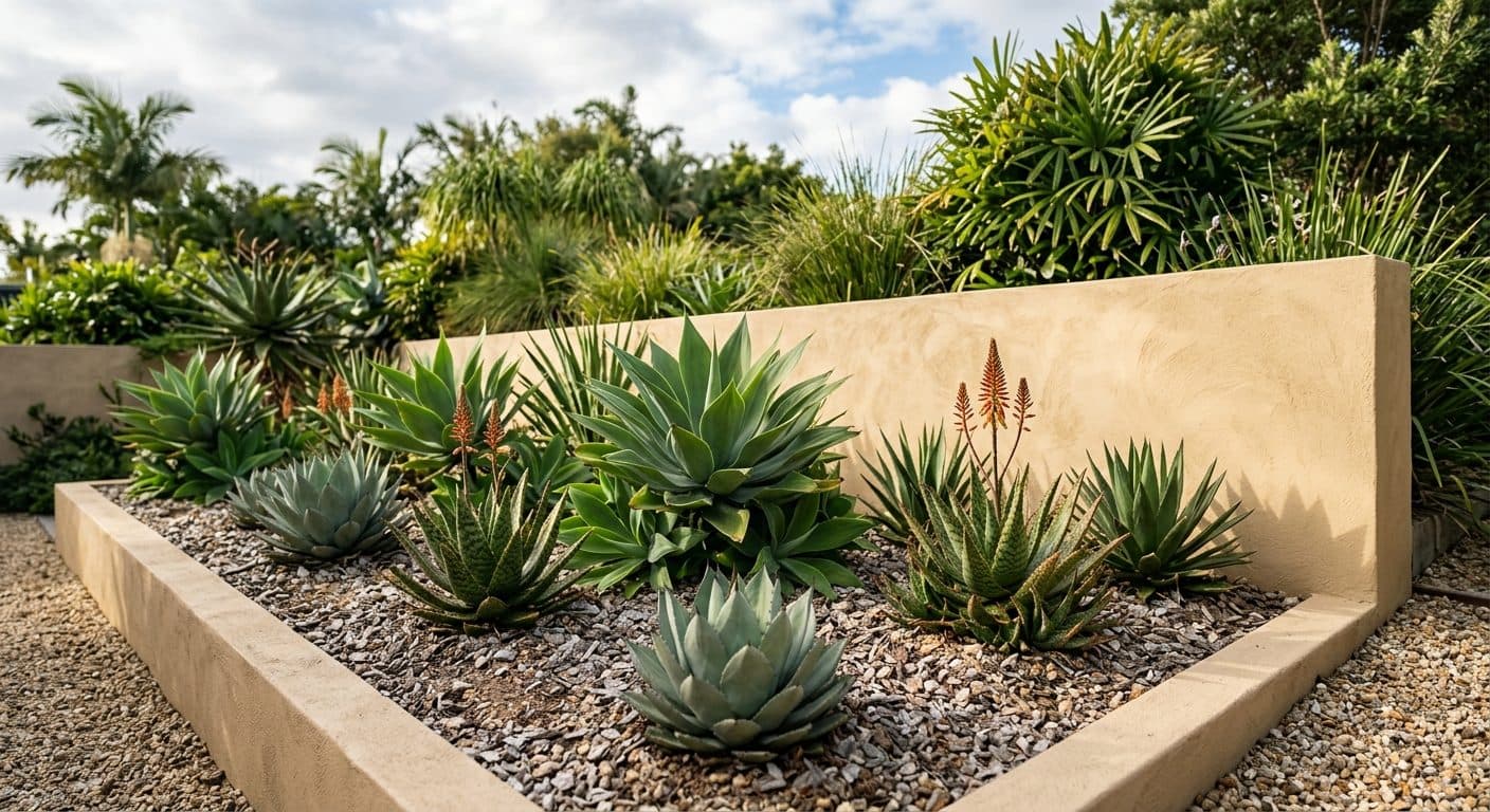Agaves and aloes planted in a raised, gritty gravel bed on a hot Brisbane aspect, no people