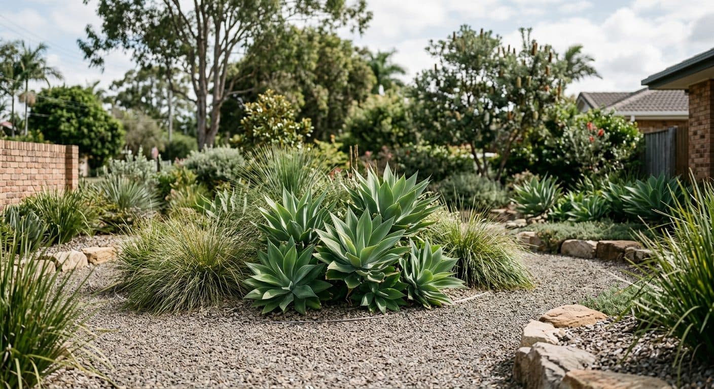 A waterwise Brisbane garden bed of agaves and native grasses in gravel on a hot, unshaded aspect