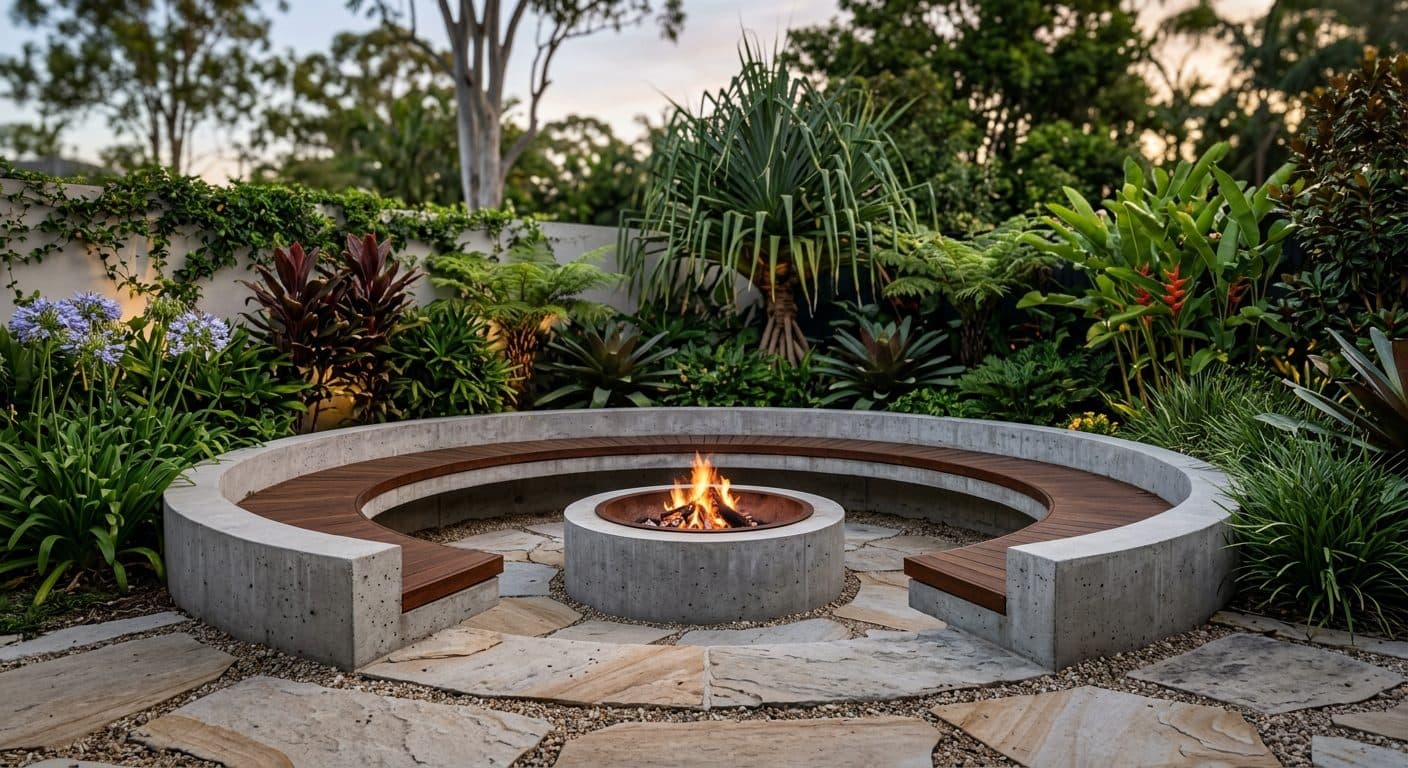 A sunken fire pit ringed with built-in bench seating in a paved Brisbane garden, glowing at dusk