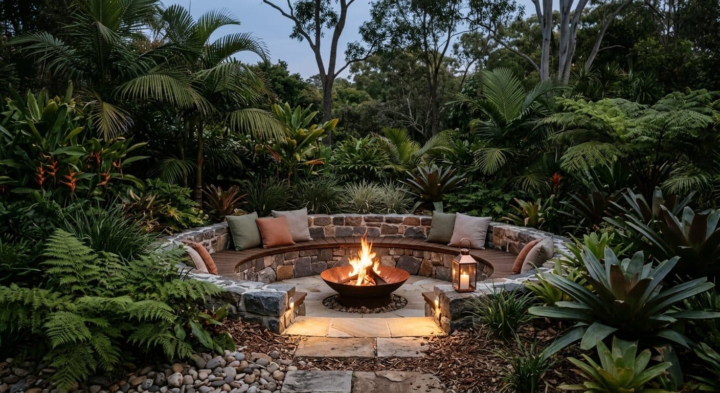 A sunken fire pit with built-in seating in a Brisbane garden, glowing on a cool winter evening