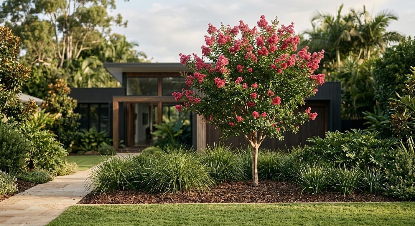 A crepe myrtle in full summer flower as a modest feature in a well-kept Brisbane front garden with massed planting beneath