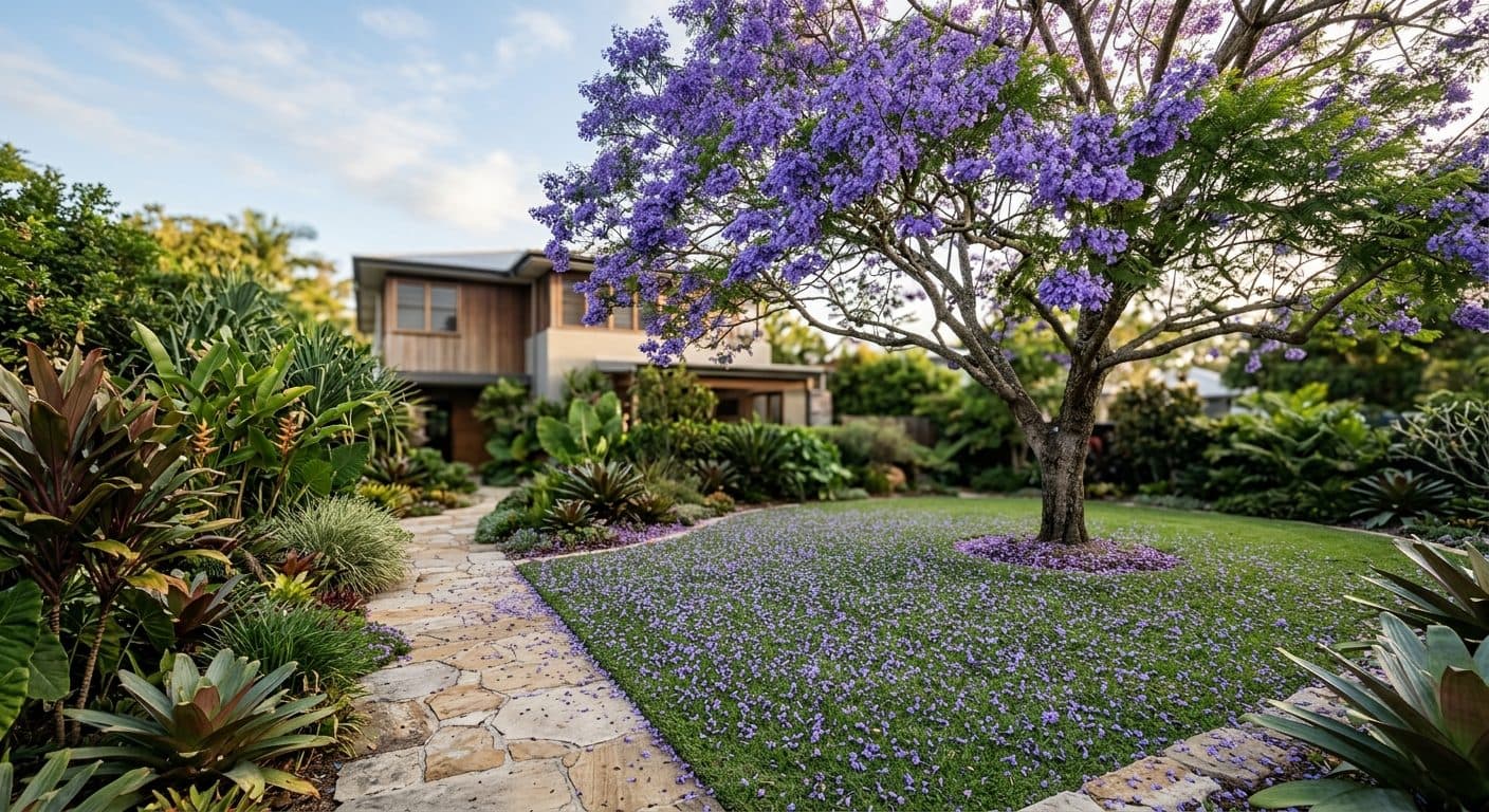 A mature jacaranda in full purple flower over an immaculate Brisbane lawn in spring, fallen blooms carpeting the grass
