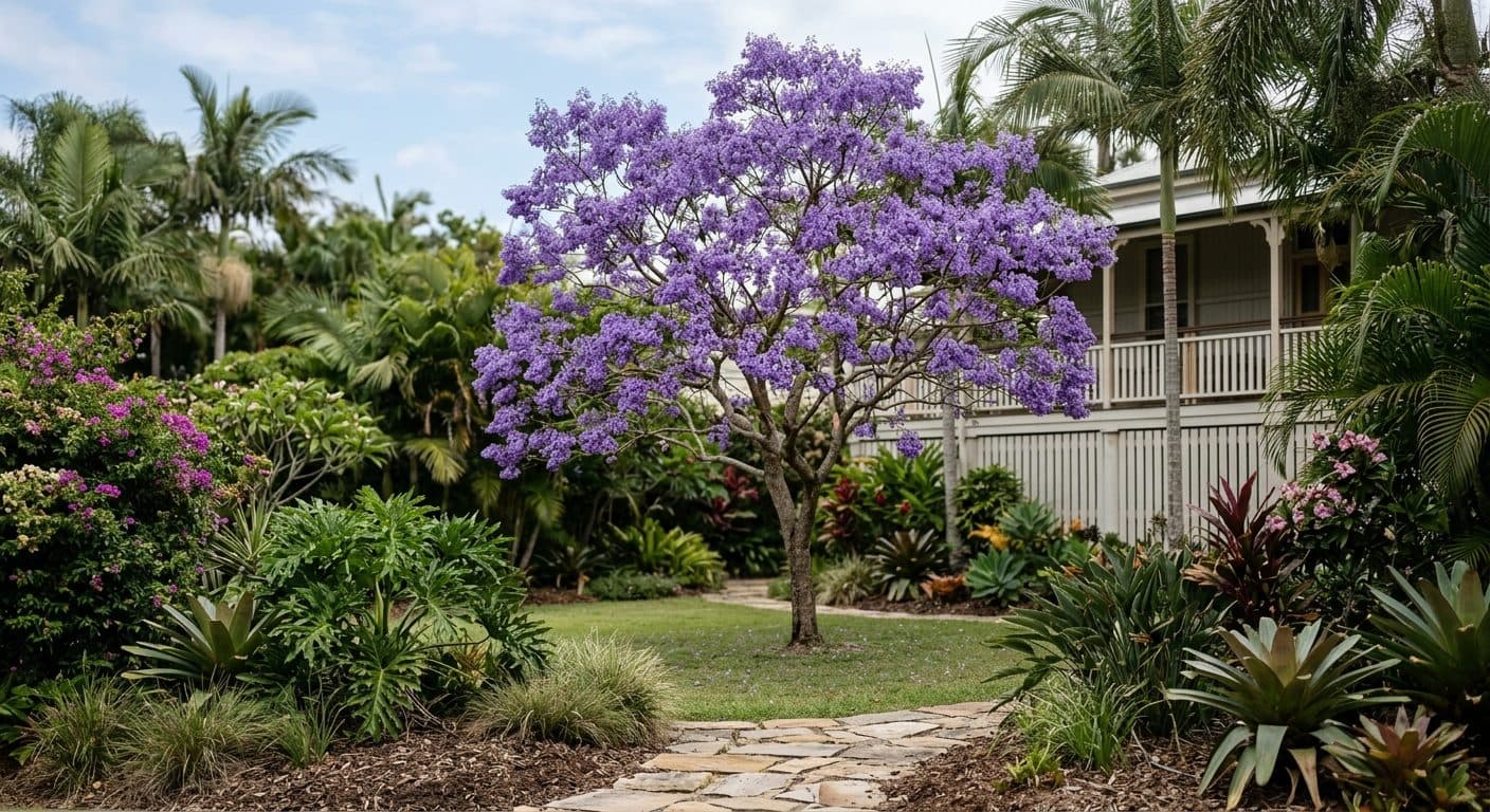 A flowering tree in full bloom as the feature of a Brisbane garden, showing seasonal colour against a subtropical planted backdrop