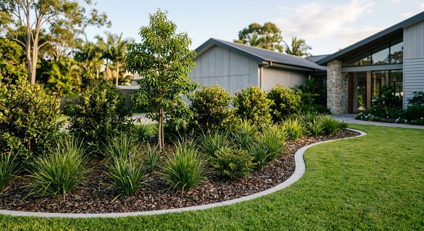 A generous, deep garden bed of layered subtropical planting with room between shrubs, fresh dark mulch and a clean curved edge beside a lawn in a Brisbane garden
