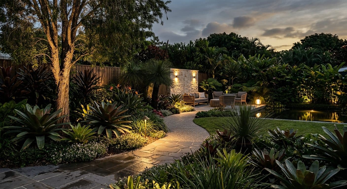 A subtropical Brisbane garden at dusk with warm uplighting on a tree and soft light along a path