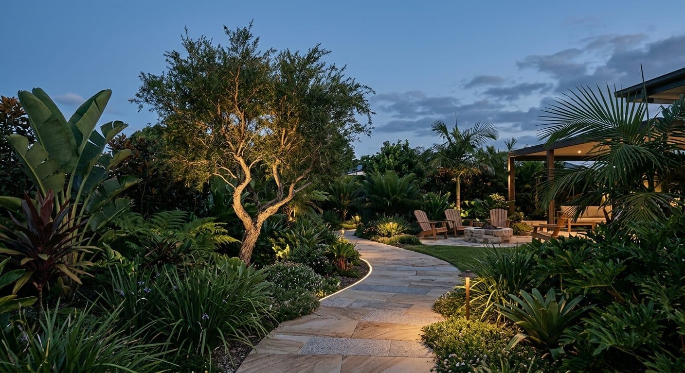 A softly uplit subtropical Brisbane garden at dusk, with warm light on foliage and a gently lit path