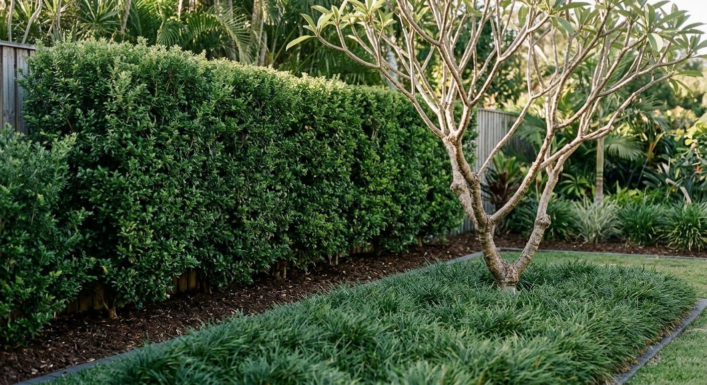 A neatly clipped westringia and lilly pilly hedge with mondo grass in front along a Brisbane boundary