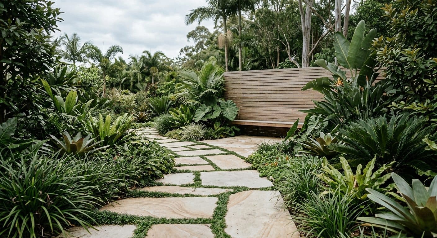 A curving path of pale pavers through layered subtropical planting toward a timber screen in a Brisbane garden