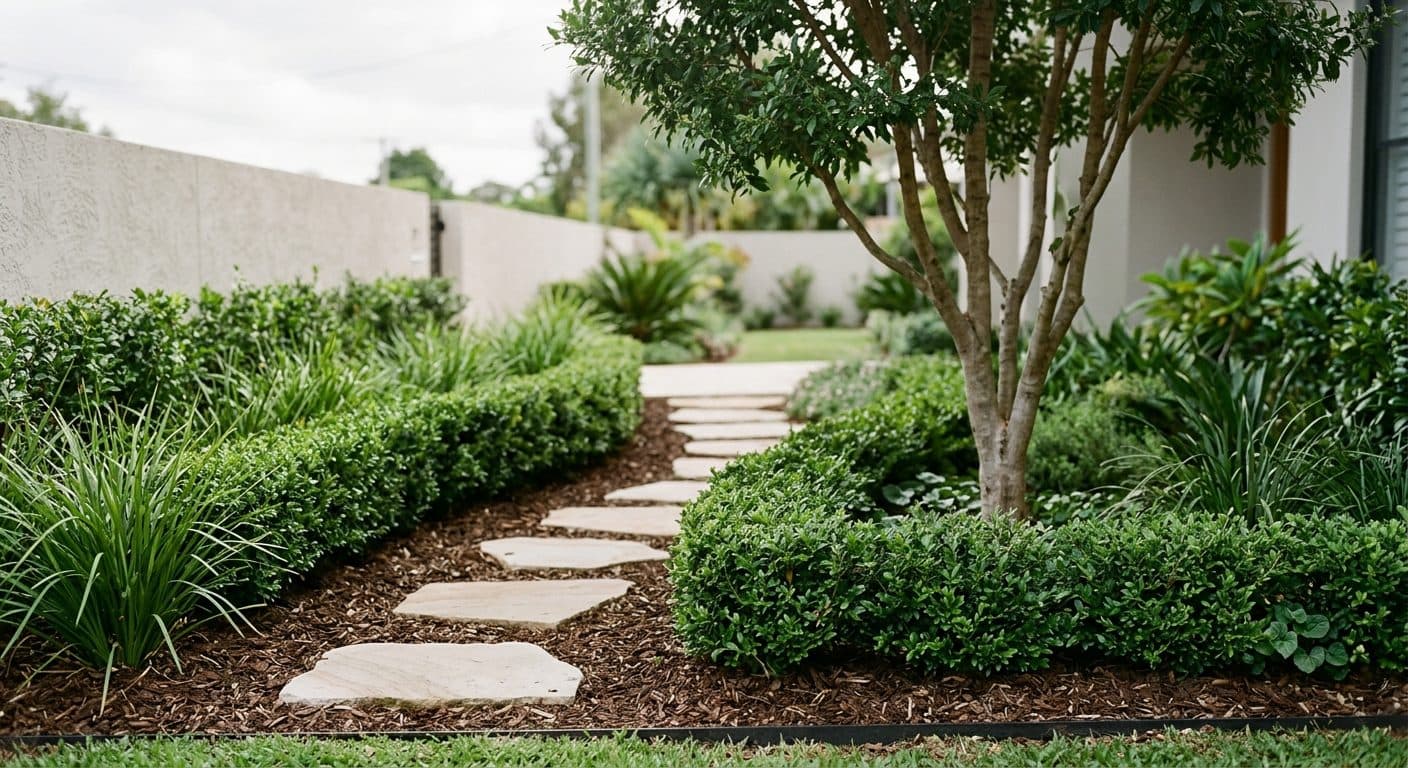 A Brisbane garden whose structure carries it without flowers: a clipped evergreen hedge, a single tree and a pale stone path leading to a rendered wall