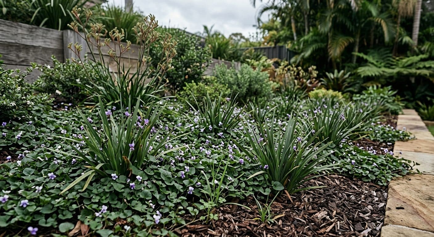 A knitted mat of green groundcover growing over dark mulch in a Brisbane garden bed, no lawn
