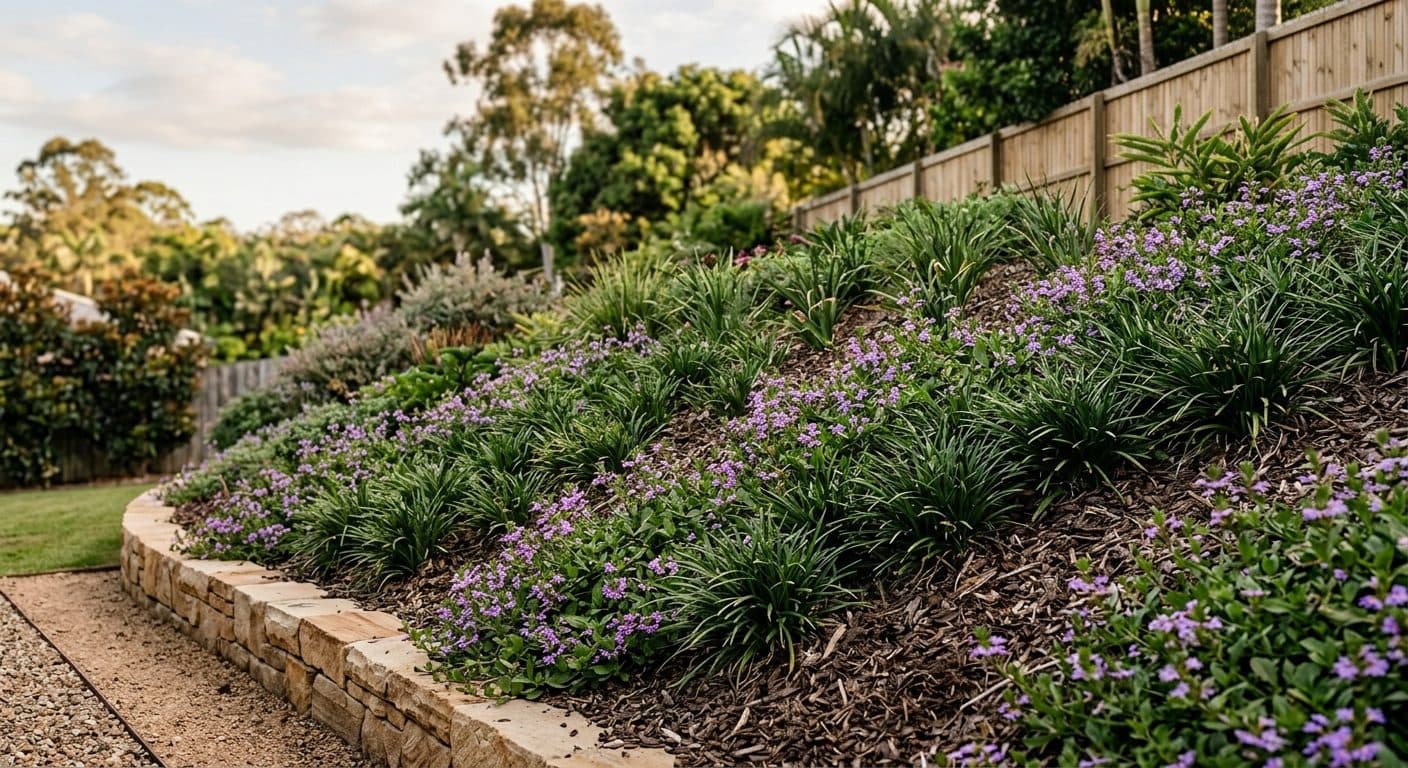 Dense strappy groundcover planted down a sloping garden batter to hold the soil, no lawn