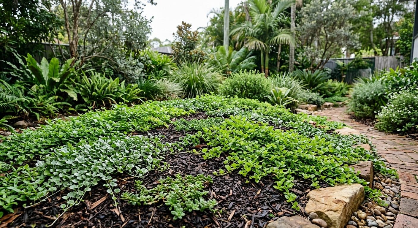 A Brisbane garden bed carpeted with dense green groundcover over dark mulch, no lawn