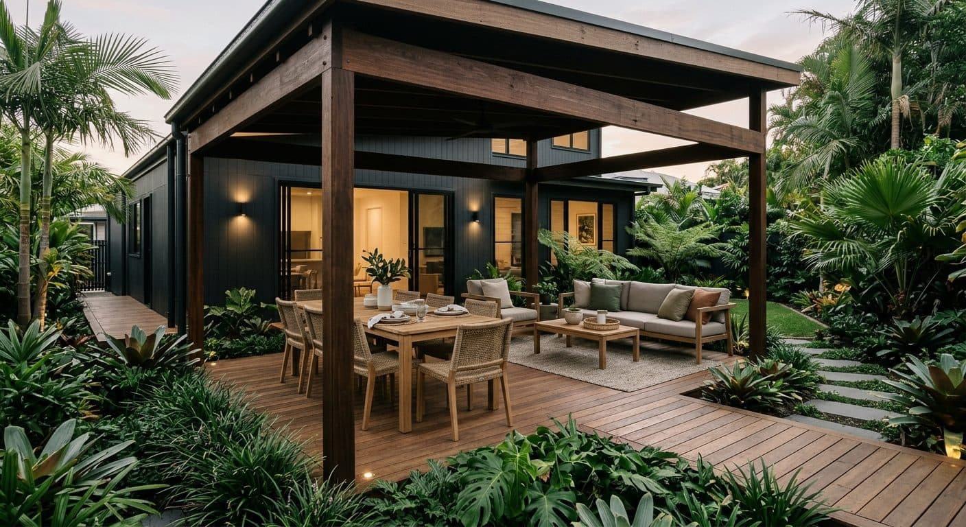 A shaded alfresco dining room connected by a level threshold to a modern Brisbane home at dusk