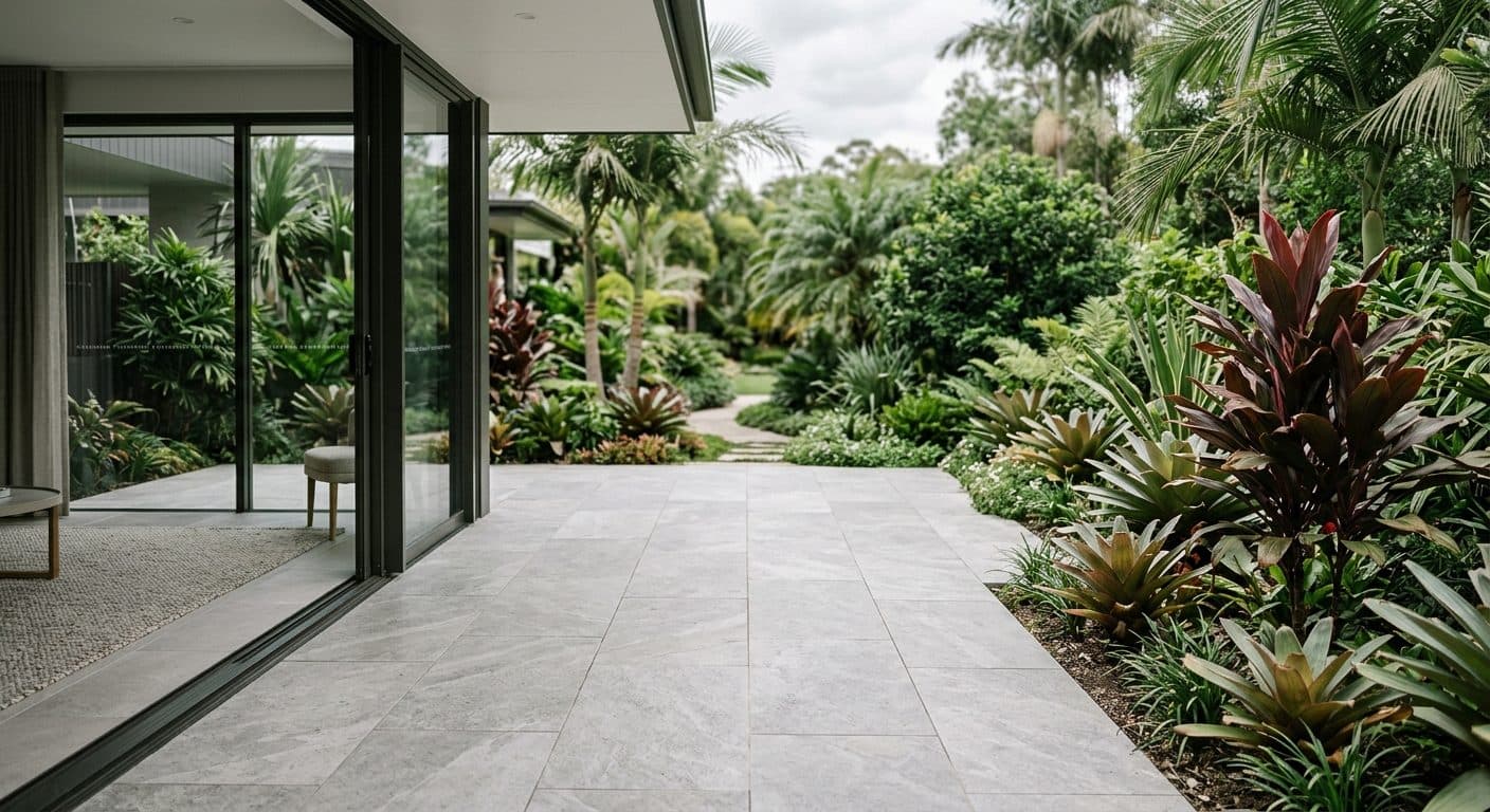 A level stone-look paved terrace continuing the interior floor through open glass doors to a subtropical garden in Brisbane