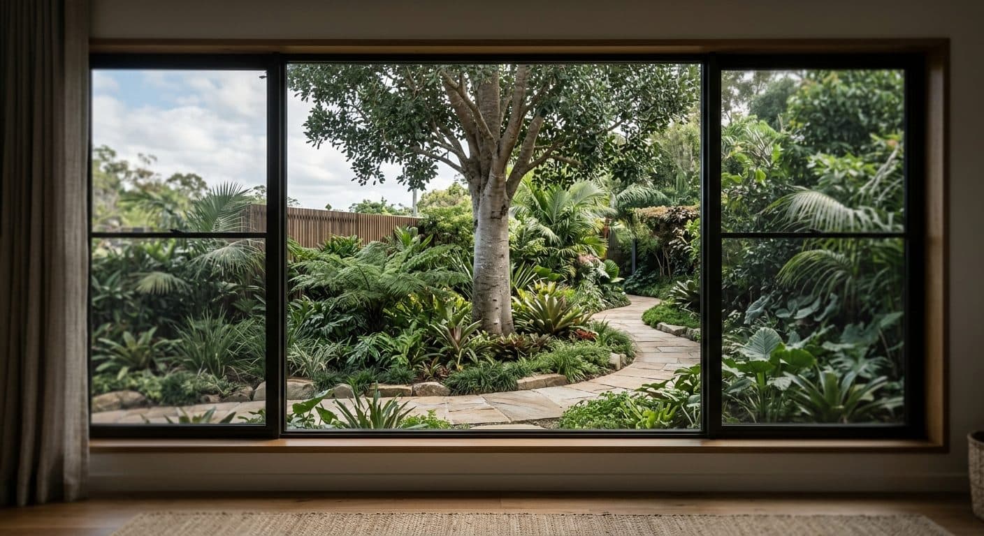 A framed garden view from inside a Brisbane living room, with a feature tree centred in the window