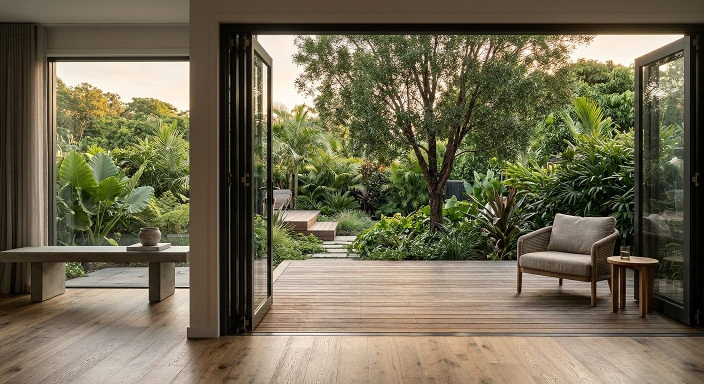 A timber deck flowing level from a Brisbane living room through open stacking doors into a lush subtropical garden at golden hour