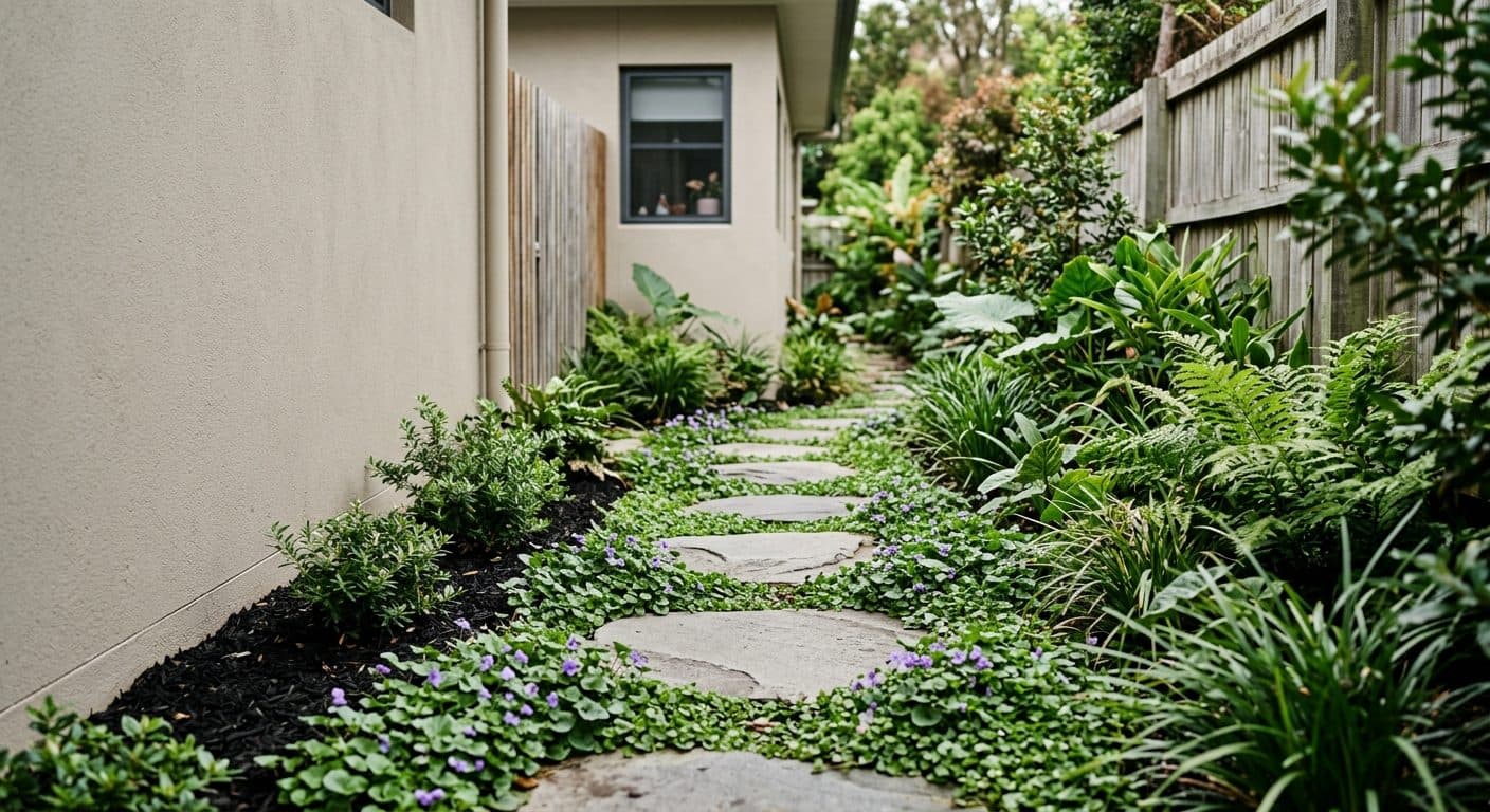 A low walk-on ground cover of native violet spreading between stepping pavers in a shaded Brisbane side garden