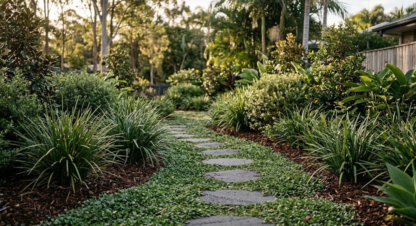 A Brisbane garden with a walk-on native ground cover replacing lawn, edged with strappy foliage and stepping pavers