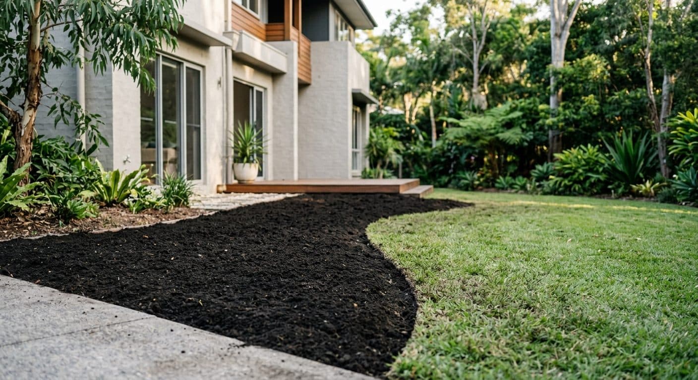Freshly loosened dark topsoil blended into the broken-up ground of a new Brisbane garden bed, clean edges, ready for turf