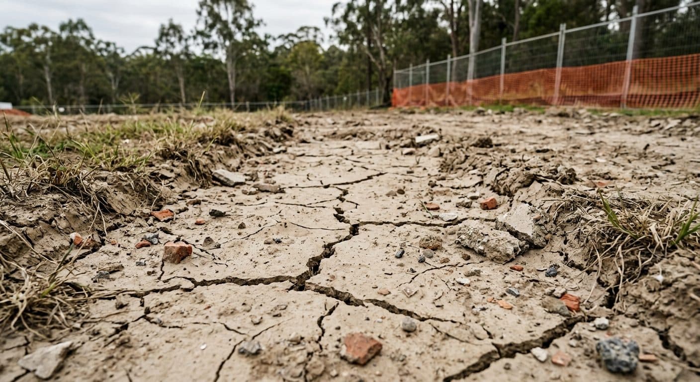 Bare, compacted, cracking pale clay subsoil with fragments of builder's rubble on a new Brisbane block