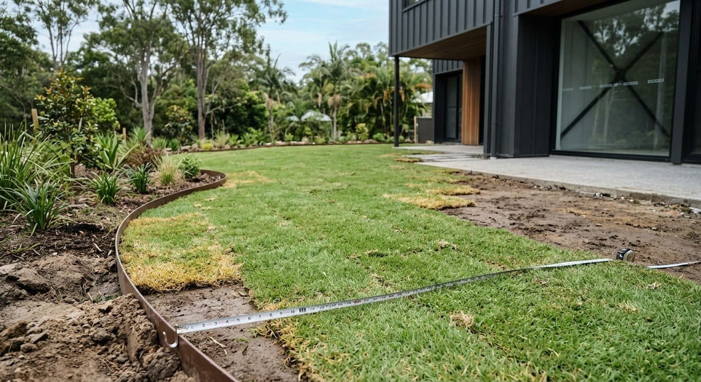 Fresh builder's turf laid over bare compacted clay beside a new Brisbane house, with patchy yellowing edges and a tape-measured garden bed edge