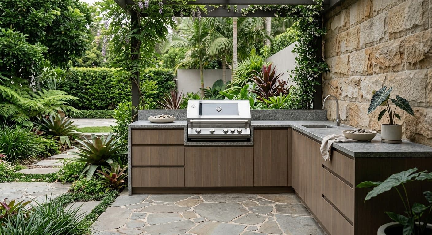 A built-in outdoor kitchen with a stainless BBQ, stone benchtop and storage set into a shaded Brisbane alfresco