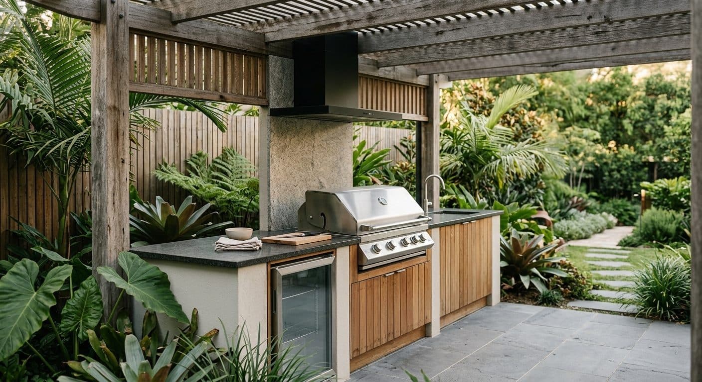 A built-in outdoor kitchen with a bench, BBQ and shade beside a Brisbane alfresco entertaining area