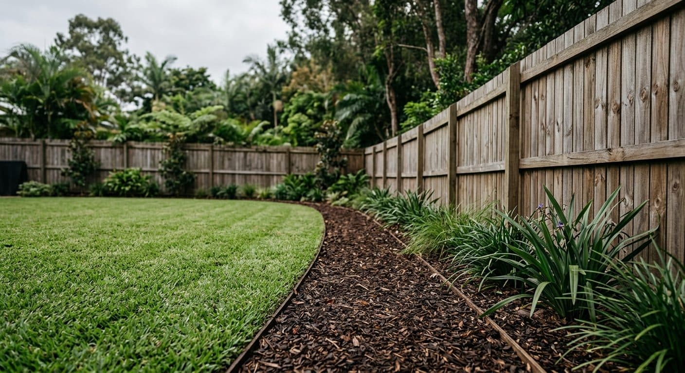 A durable buffalo lawn meeting a mulched dog path along a fence in a lush Brisbane backyard