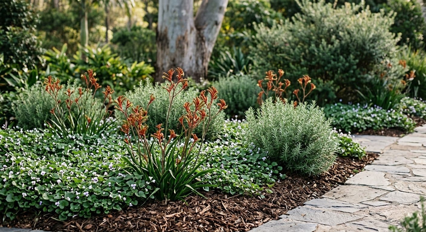 Strappy kangaroo paw, coastal rosemary and native violet groundcover in a dog-safe Brisbane garden bed