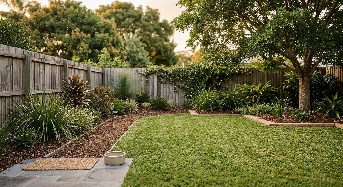 A lush, well-kept Brisbane backyard designed for dogs, with durable lawn, a clear path and shade trees