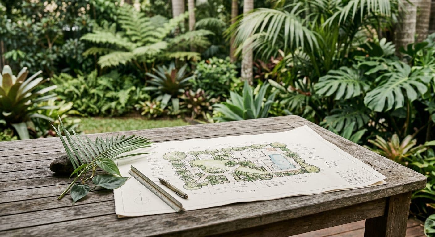 A landscape master plan drawing laid out on a table beside a Brisbane garden