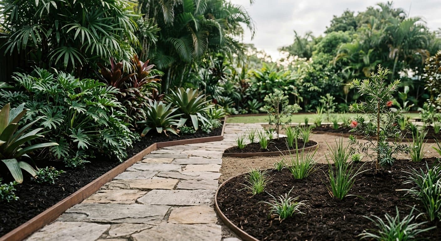 A Brisbane garden mid-renovation, one side established with structure and paving, the other newly planted