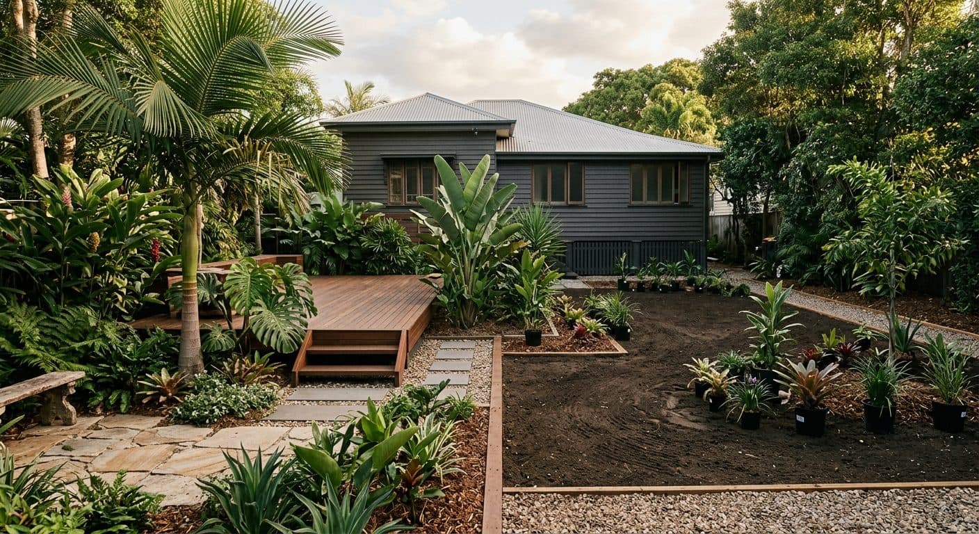 A Brisbane garden part-way through a staged renovation, with established structure in one area and new planting beginning in another