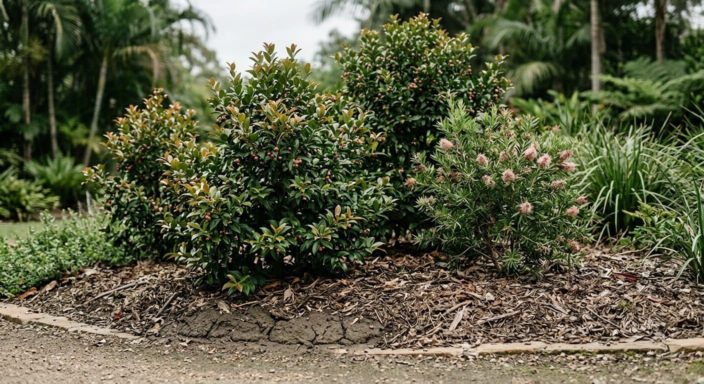 Hardy native shrubs thriving in a heavy dark-soil garden bed with mulch, no people