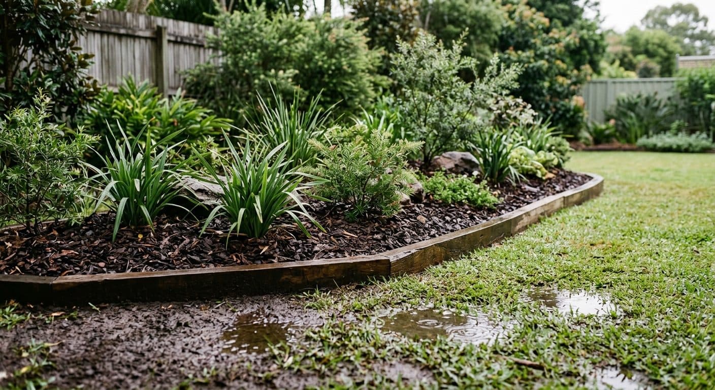 A raised, mounded garden bed lifting plants and mulch above heavy wet clay, no people