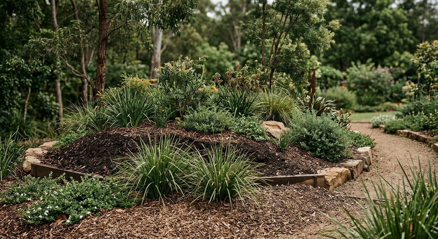 A Brisbane native garden bed built on heavy soil, with mounded and raised planting, mulch and shrubs, no people
