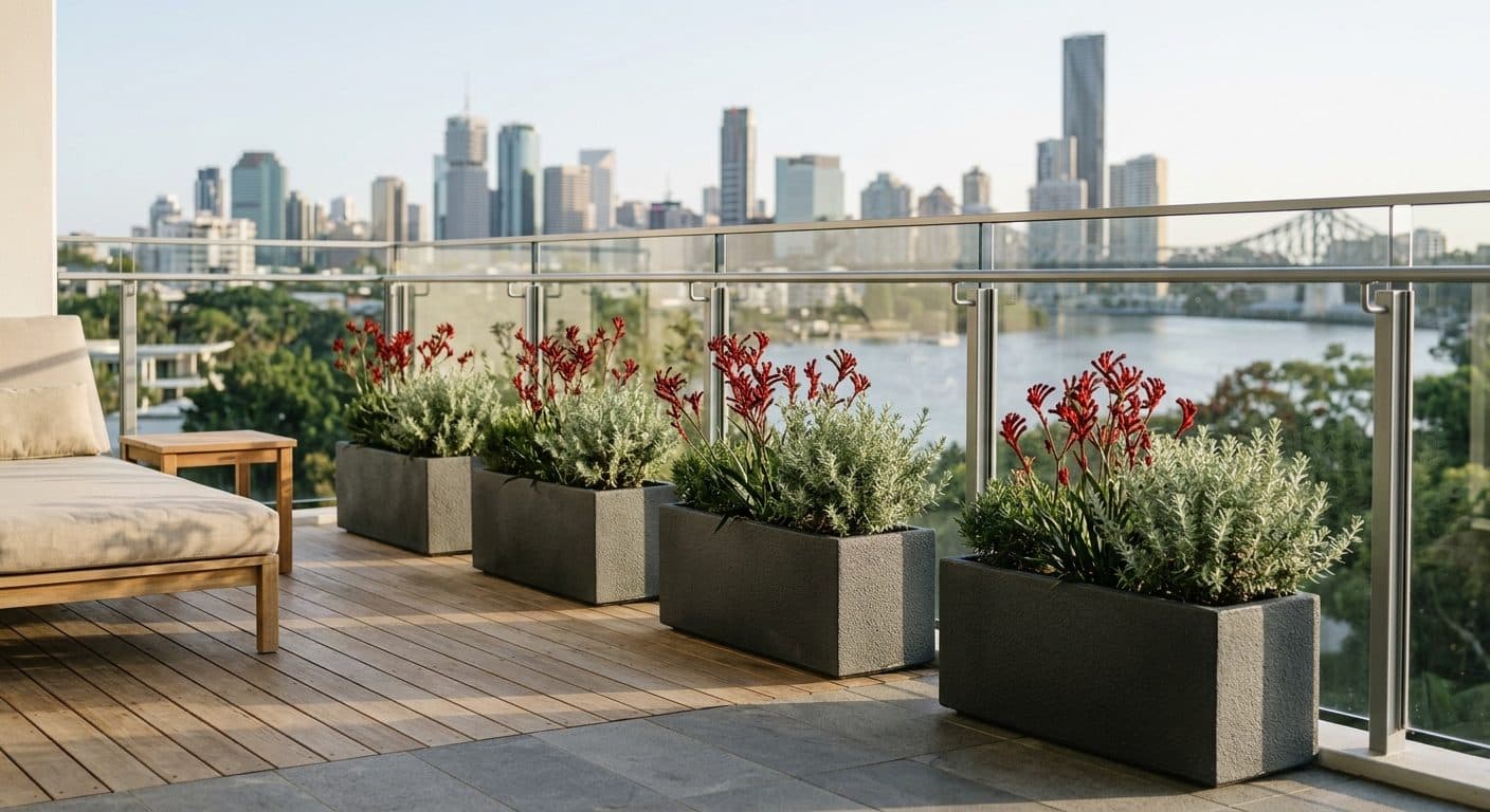 A row of low planters of westringia and kangaroo paw along a glass balustrade on a Brisbane apartment balcony