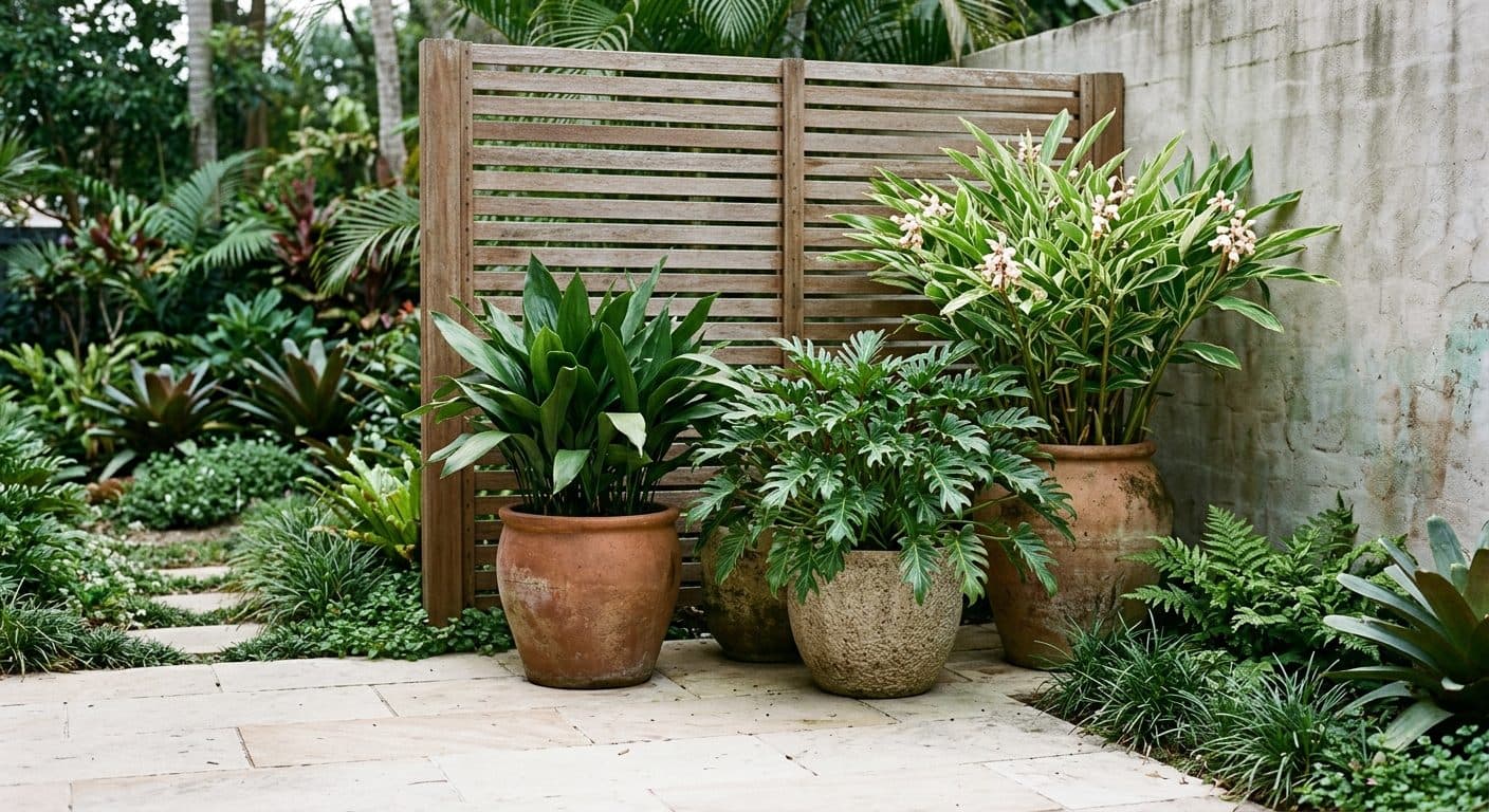 Tall pots of cast iron plant, philodendron and ornamental ginger on pale pavers in a shaded Brisbane courtyard