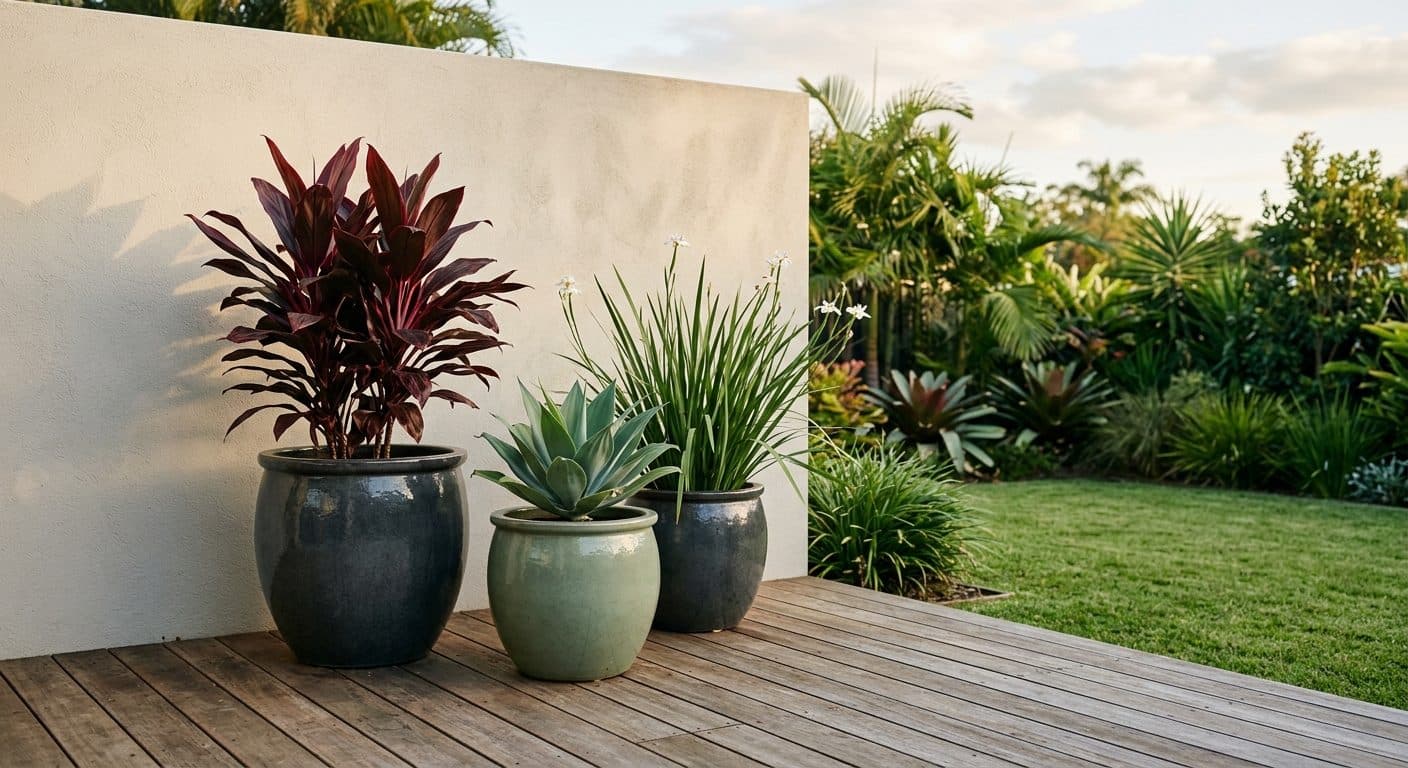 A sunny Brisbane timber deck with large glazed ceramic pots of cordyline, agave and dietes grouped against a rendered wall