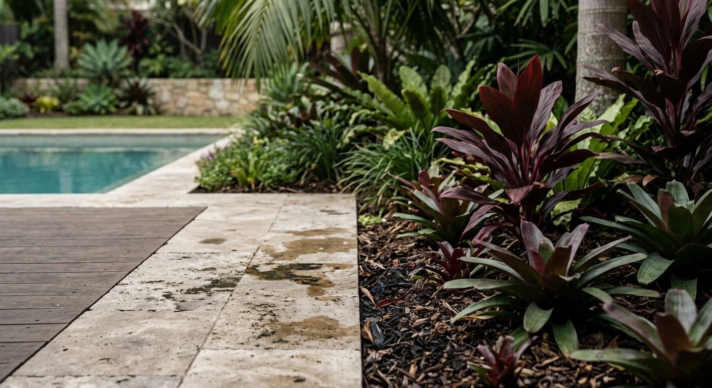 Travertine pool coping meeting a planted bed of cordyline and bromeliad, no gaps or lifted pavers